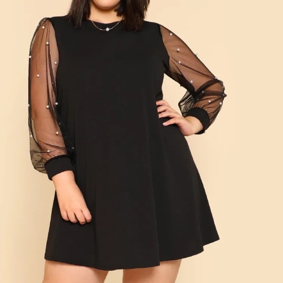 SHEIN Dresses & Skirts - Plus Size Mesh Pearl Sleeve Mini Dress 3X Black Party Holiday